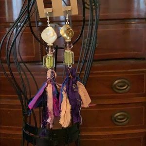 5” long homemade earrings made of shell & glass